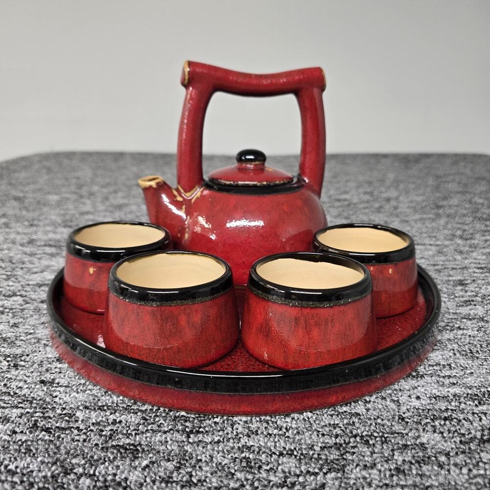 Vtg Pier 1 Shanghai Earthenware Tea Set Teapot 4 Cups Tray Red Black Asian Glaze